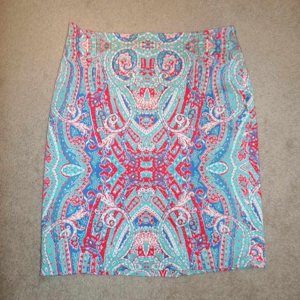 Jones NY Aqua Red Paisley Cotton Skirt 8